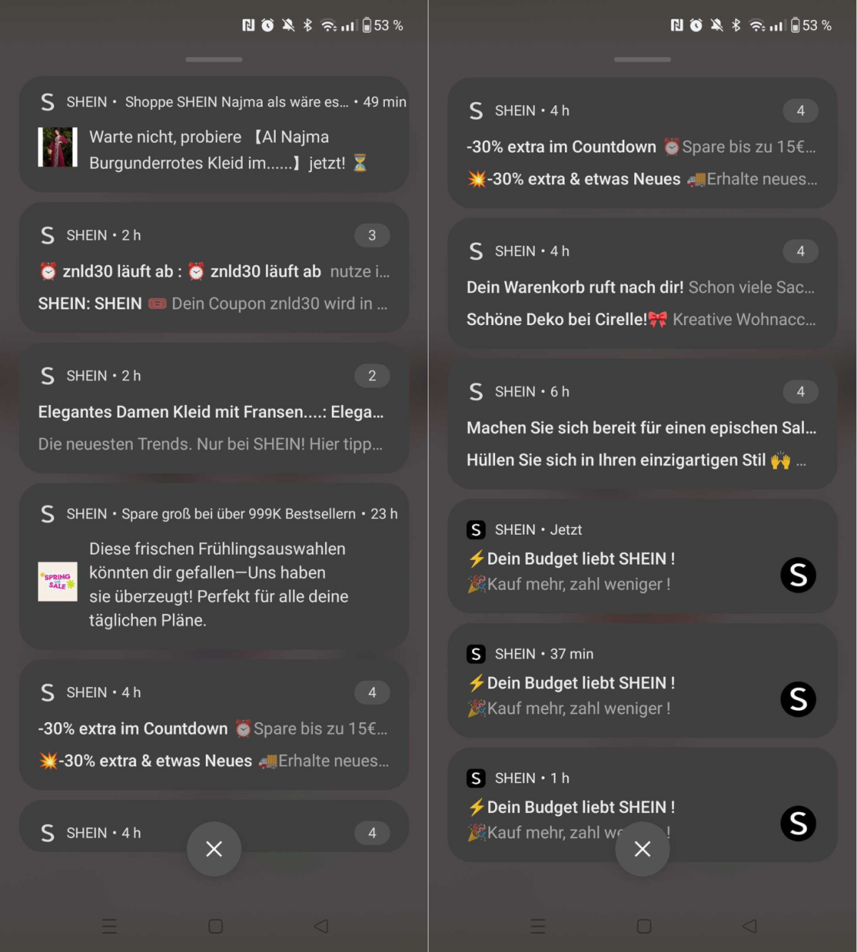 22 Push-Benachrichtigungen von Shein innerhalb eines Tages